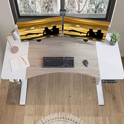 Jceet Dual Motor Electric Standing Desk - 63 x 30 Inch Adjustable Height Sit Stand Computer Desk with Splice Board, Stand Up Desk Table for Home Office, White Frame/Oak and White Top(with Radian)