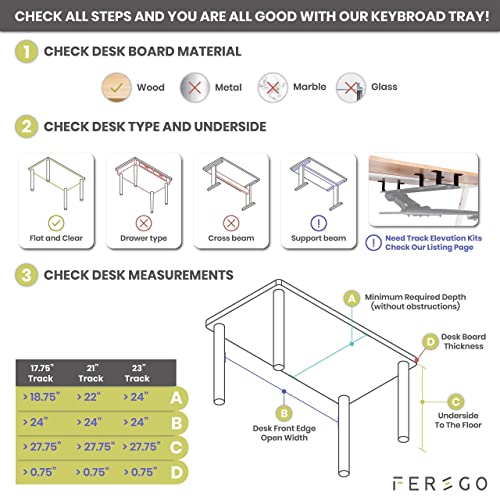 FERSGO Under Desk Keyboard Tray 20" x 11", Easy to Install Sliding Undermount Keyboard and Mouse Tray with Wrist Rest, Swivels 360° with Adjustable Height and ±15° Tilt Angle 17.75" Track With Spacers