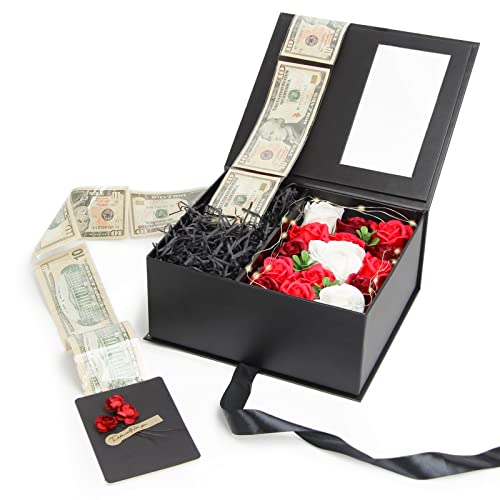 Money Pull Box for Cash Gift - Gift Box with Lid and Ribbon, 9.8 x 8.4 x 4.3 inch Luxury Money Pull Out Flower Gift Box, Unique Birthday Surprise Gift Box for Wife, Girlfriend, Mother, Friend (Black)