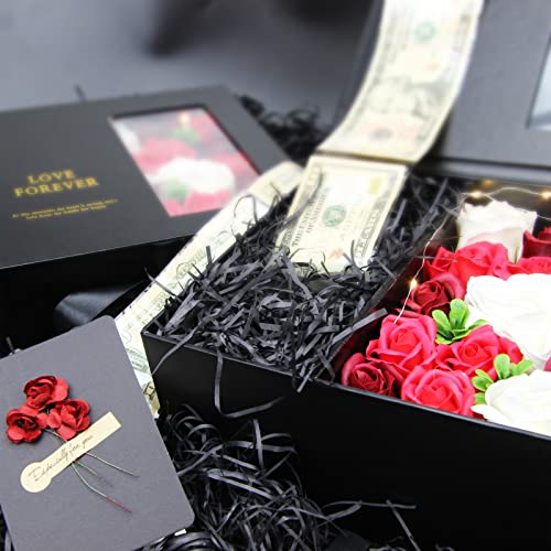 Money Pull Box for Cash Gift - Gift Box with Lid and Ribbon, 9.8 x 8.4 x 4.3 inch Luxury Money Pull Out Flower Gift Box, Unique Birthday Surprise Gift Box for Wife, Girlfriend, Mother, Friend (Black)