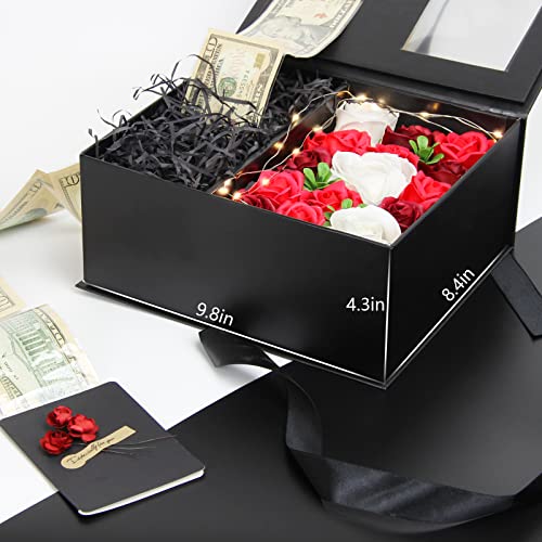 Money Pull Box for Cash Gift - Gift Box with Lid and Ribbon, 9.8 x 8.4 x 4.3 inch Luxury Money Pull Out Flower Gift Box, Unique Birthday Surprise Gift Box for Wife, Girlfriend, Mother, Friend (Black)