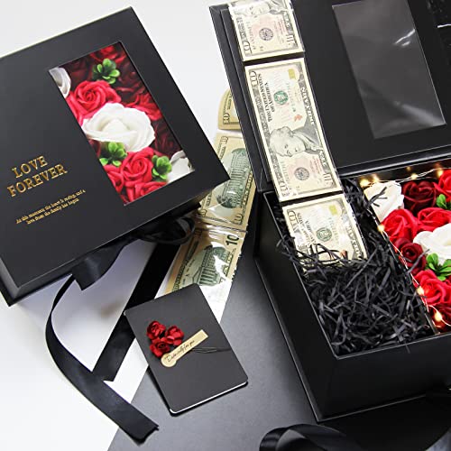 Money Pull Box for Cash Gift - Gift Box with Lid and Ribbon, 9.8 x 8.4 x 4.3 inch Luxury Money Pull Out Flower Gift Box, Unique Birthday Surprise Gift Box for Wife, Girlfriend, Mother, Friend (Black)