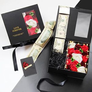 Money Pull Box for Cash Gift - Gift Box with Lid and Ribbon, 9.8 x 8.4 x 4.3 inch Luxury Money Pull Out Flower Gift Box, Unique Birthday Surprise Gift Box for Wife, Girlfriend, Mother, Friend (Black)