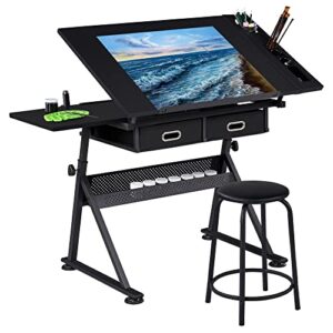 yaheetech art craft table drawing table height adjustable drafting desk work station with tiltable tabletop w/stool and 2 storage drawers for reading, writing,studying
