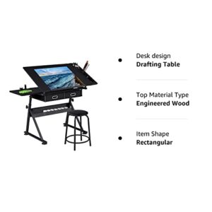 Yaheetech Art Craft Table Drawing Table Height Adjustable Drafting Desk Work Station with Tiltable Tabletop w/Stool and 2 Storage Drawers for Reading, Writing,Studying