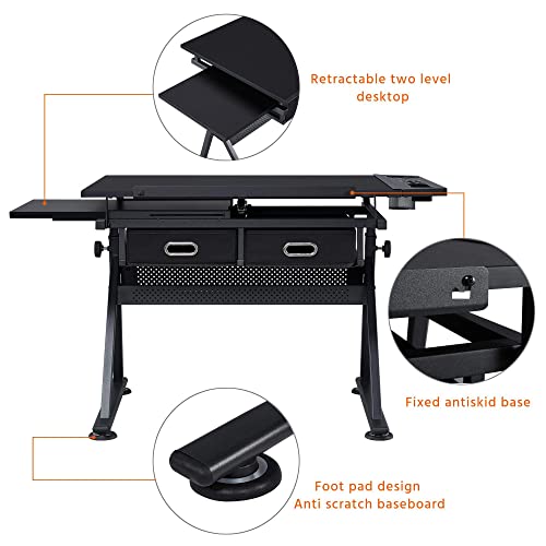 Yaheetech Art Craft Table Drawing Table Height Adjustable Drafting Desk Work Station with Tiltable Tabletop w/Stool and 2 Storage Drawers for Reading, Writing,Studying