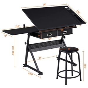 Yaheetech Art Craft Table Drawing Table Height Adjustable Drafting Desk Work Station with Tiltable Tabletop w/Stool and 2 Storage Drawers for Reading, Writing,Studying