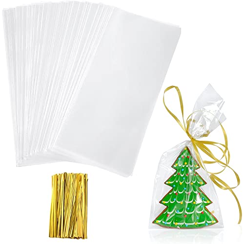 Yotelab Cellophane Treat Bags, 4x9 Inches Clear Cellophane Bags With Twist Ties,100 Pcs