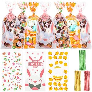 derayee easter cellophane treat bags, 150pcs easter candy goody gift bags with bunny eggs chicks twist ties easter party favors