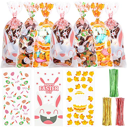 DERAYEE Easter Cellophane Treat Bags, 150Pcs Easter Candy Goody Gift bags with Bunny Eggs Chicks Twist Ties Easter Party Favors