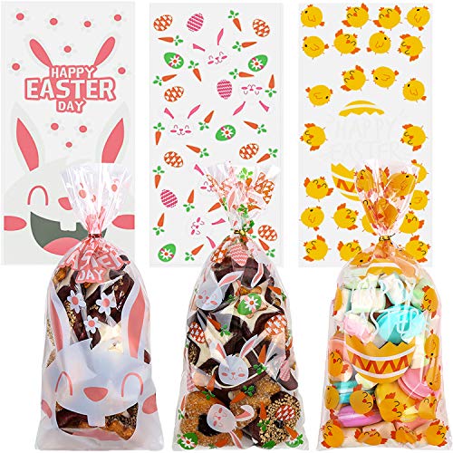 DERAYEE Easter Cellophane Treat Bags, 150Pcs Easter Candy Goody Gift bags with Bunny Eggs Chicks Twist Ties Easter Party Favors