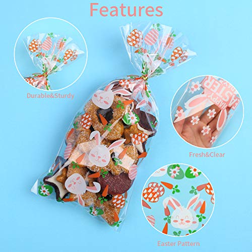 DERAYEE Easter Cellophane Treat Bags, 150Pcs Easter Candy Goody Gift bags with Bunny Eggs Chicks Twist Ties Easter Party Favors