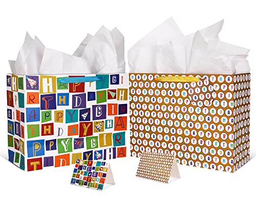 Giiffu 16.5" Extra Large Gift Bags for Birthday Party with Card and Tissue Paper (Pack of 2, Happy Birthday)