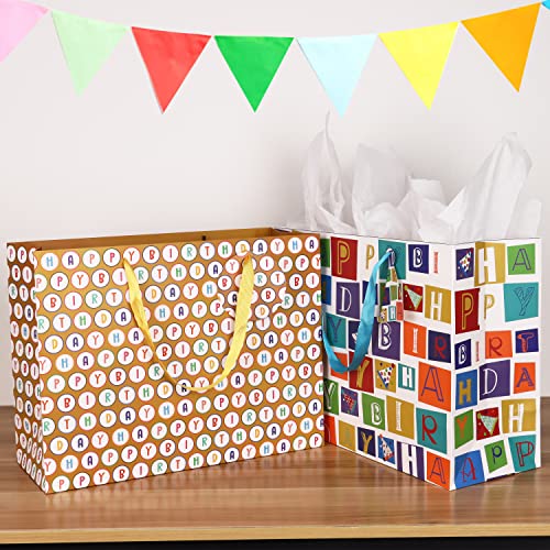 Giiffu 16.5" Extra Large Gift Bags for Birthday Party with Card and Tissue Paper (Pack of 2, Happy Birthday)