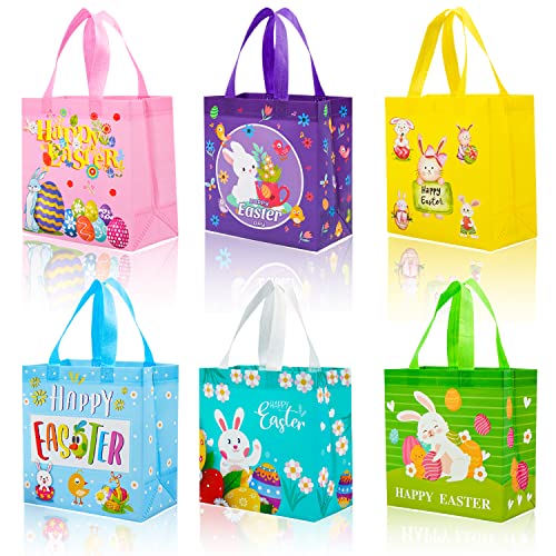 6Pcs Easter Non-woven Bags with Handle, Happy Easter Gift Bags for Kids, Treat Bags Rabbit Bunny, Reusable Easter Goodie Bags-Waterproof- for Gifts Wrapping, Egg Hunt Game, Easter Party Supplies