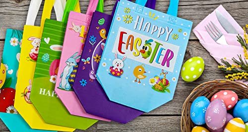 6Pcs Easter Non-woven Bags with Handle, Happy Easter Gift Bags for Kids, Treat Bags Rabbit Bunny, Reusable Easter Goodie Bags-Waterproof- for Gifts Wrapping, Egg Hunt Game, Easter Party Supplies