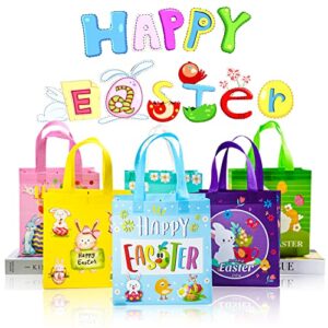 6Pcs Easter Non-woven Bags with Handle, Happy Easter Gift Bags for Kids, Treat Bags Rabbit Bunny, Reusable Easter Goodie Bags-Waterproof- for Gifts Wrapping, Egg Hunt Game, Easter Party Supplies