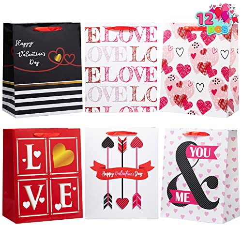 JOYIN 12 Pcs Valentines Day Paper Gift Bags with Handle 13x10.5 inch, Elegant Coated Art Paper Wrapping Bags Cardboard Bags for Valentine’s Day Party Favors Funny Gift Exchange Novelty Gift Giving Gift Wrapping