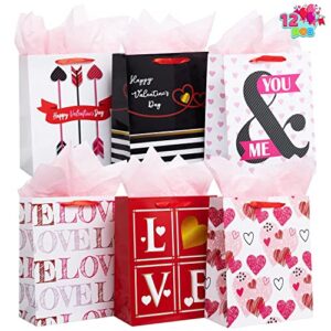 JOYIN 12 Pcs Valentines Day Paper Gift Bags with Handle 13x10.5 inch, Elegant Coated Art Paper Wrapping Bags Cardboard Bags for Valentine’s Day Party Favors Funny Gift Exchange Novelty Gift Giving Gift Wrapping