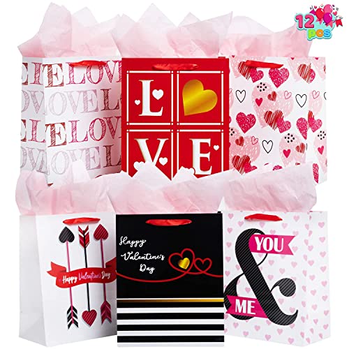 JOYIN 12 Pcs Valentines Day Paper Gift Bags with Handle 13x10.5 inch, Elegant Coated Art Paper Wrapping Bags Cardboard Bags for Valentine’s Day Party Favors Funny Gift Exchange Novelty Gift Giving Gift Wrapping