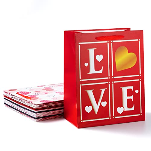 JOYIN 12 Pcs Valentines Day Paper Gift Bags with Handle 13x10.5 inch, Elegant Coated Art Paper Wrapping Bags Cardboard Bags for Valentine’s Day Party Favors Funny Gift Exchange Novelty Gift Giving Gift Wrapping