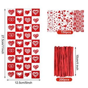 Zonon 150 Pieces Valentine Cellophane Bags Valentine Candy Bags Valentines Favor Treat Goodies Bags with 200 Pieces Twist Ties for Valentine Party Holiday Supplies