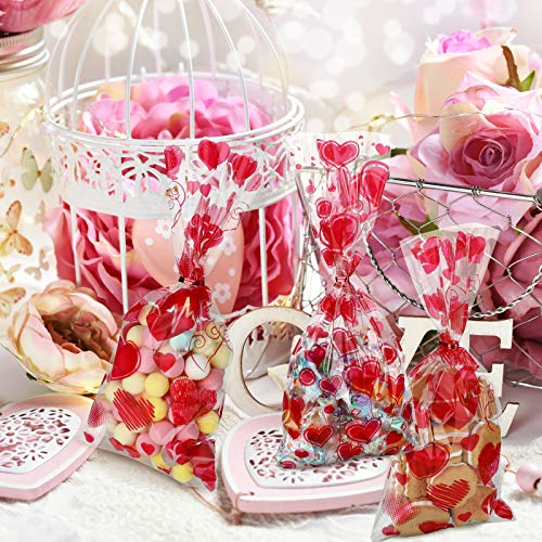 Zonon 150 Pieces Valentine Cellophane Bags Valentine Candy Bags Valentines Favor Treat Goodies Bags with 200 Pieces Twist Ties for Valentine Party Holiday Supplies