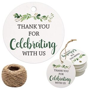 thank you for celebrating with us tags, 100pcs greenery thank you tags for wedding birthday baby shower party favors, paper gift tags with 100 feet jute string