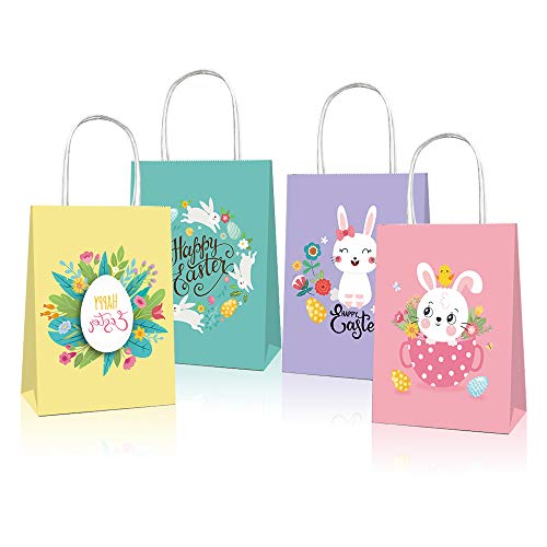 20 Pieces Happy Easter Day Treat Bags with Handles Large Goodie Gift Bags Recycled Cardboard Bags for Kids School Classroom Party Favor Supplies Decor Bunny and Eggs Easter Basket Containers