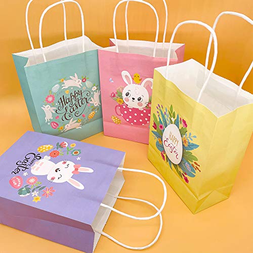 20 Pieces Happy Easter Day Treat Bags with Handles Large Goodie Gift Bags Recycled Cardboard Bags for Kids School Classroom Party Favor Supplies Decor Bunny and Eggs Easter Basket Containers