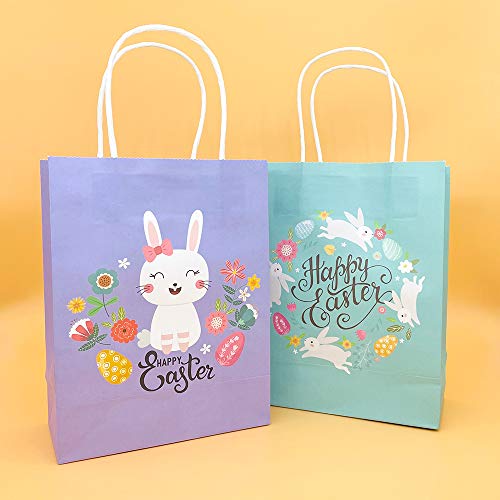 20 Pieces Happy Easter Day Treat Bags with Handles Large Goodie Gift Bags Recycled Cardboard Bags for Kids School Classroom Party Favor Supplies Decor Bunny and Eggs Easter Basket Containers