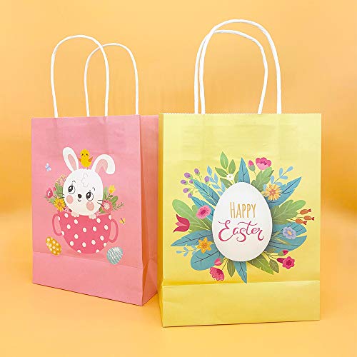 20 Pieces Happy Easter Day Treat Bags with Handles Large Goodie Gift Bags Recycled Cardboard Bags for Kids School Classroom Party Favor Supplies Decor Bunny and Eggs Easter Basket Containers