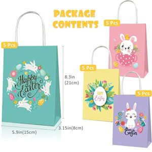 20 Pieces Happy Easter Day Treat Bags with Handles Large Goodie Gift Bags Recycled Cardboard Bags for Kids School Classroom Party Favor Supplies Decor Bunny and Eggs Easter Basket Containers