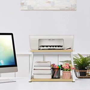 Hossejoy Printer Stand, 2 Tier Desktop Printer Shelves Rack with Anti - Skid Pads for Space Organizer as Storage Shelf, Multi-Purpose Wood Desk Organizer for Home and Office (Light Wood)