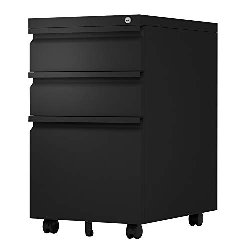 SUXXAN 3 Drawer Mobile File Cabinet with Lock, Under Desk Metal Filing Cabinet for Office,Home,Vertical Cabinet Legal/Letter Size, Fully Assembled Except Wheels (Black)…