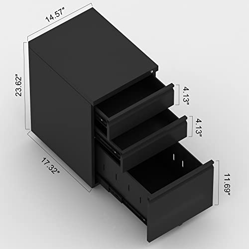 SUXXAN 3 Drawer Mobile File Cabinet with Lock, Under Desk Metal Filing Cabinet for Office,Home,Vertical Cabinet Legal/Letter Size, Fully Assembled Except Wheels (Black)…