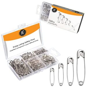250 pack safety pins by luxurecourt, 4 assorted sizes of durable, silver small and large safety pins bulk, rust-resistant nickel plated steel, sharp edge safety pins for clothes, sewing, arts & craft