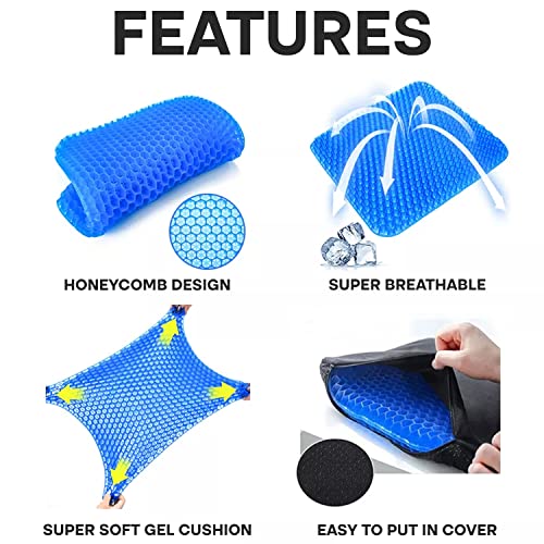 Extra Large Gel Seat Cushion, Tailbone Pillow Seat Cushion Thick Big Breathable Honeycomb Design Absorbs Pressure Cooling Seat Cushion with Non-Slip Cover for Office Chair Wheelchair Car Gel Cushion