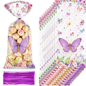 100 pcs butterflies cellophane treat bags plastic butterfly party favors watercolor butterfly cello candy bag with 100 twist ties for butterfly theme baby shower girl birthday party supplies (purple)
