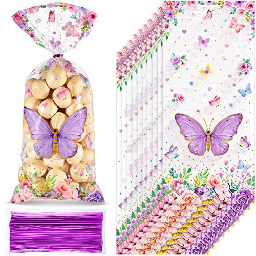 100 Pcs Butterflies Cellophane Treat Bags Plastic Butterfly Party Favors Watercolor Butterfly Cello Candy Bag with 100 Twist Ties for Butterfly Theme Baby Shower Girl Birthday Party Supplies (Purple)