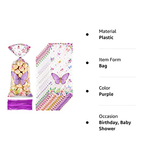 100 Pcs Butterflies Cellophane Treat Bags Plastic Butterfly Party Favors Watercolor Butterfly Cello Candy Bag with 100 Twist Ties for Butterfly Theme Baby Shower Girl Birthday Party Supplies (Purple)