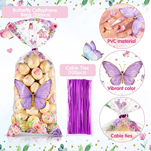 100 Pcs Butterflies Cellophane Treat Bags Plastic Butterfly Party Favors Watercolor Butterfly Cello Candy Bag with 100 Twist Ties for Butterfly Theme Baby Shower Girl Birthday Party Supplies (Purple)