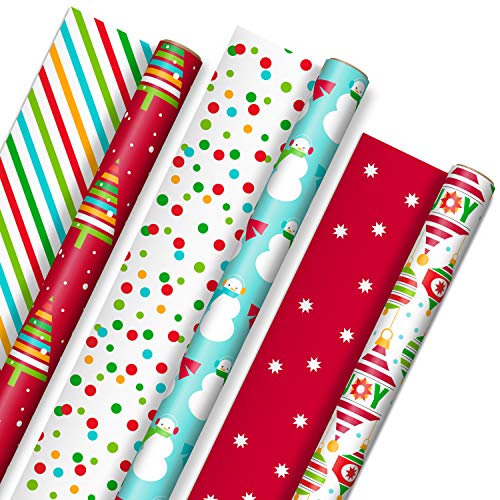 Hallmark Reversible Christmas Wrapping Paper for Kids (3 Rolls: 120 sq. ft. ttl) Orange and Teal Stripes, Trees, Ornaments, Polka Dots