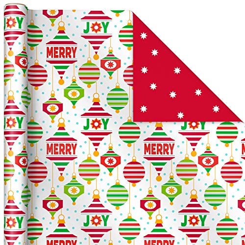 Hallmark Reversible Christmas Wrapping Paper for Kids (3 Rolls: 120 sq. ft. ttl) Orange and Teal Stripes, Trees, Ornaments, Polka Dots