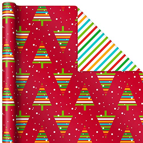 Hallmark Reversible Christmas Wrapping Paper for Kids (3 Rolls: 120 sq. ft. ttl) Orange and Teal Stripes, Trees, Ornaments, Polka Dots