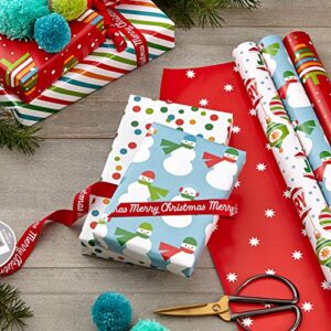 Hallmark Reversible Christmas Wrapping Paper for Kids (3 Rolls: 120 sq. ft. ttl) Orange and Teal Stripes, Trees, Ornaments, Polka Dots