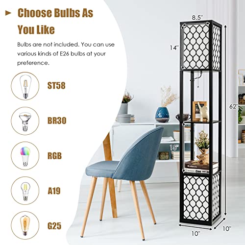 Tangkula Modern Shelf Floor Lamp, Freestanding Double Lamp w/ 2-Tier Wood Shelf & White Lampshade, E26 Bulb Base, Pull Chain & Foot Switch, Display Floor Light for Living Room Bedroom Office