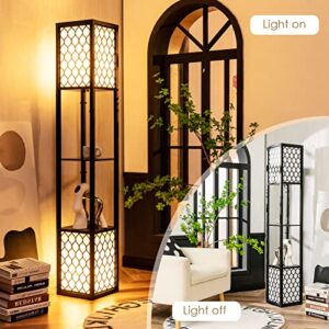 Tangkula Modern Shelf Floor Lamp, Freestanding Double Lamp w/ 2-Tier Wood Shelf & White Lampshade, E26 Bulb Base, Pull Chain & Foot Switch, Display Floor Light for Living Room Bedroom Office