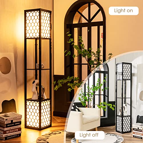 Tangkula Modern Shelf Floor Lamp, Freestanding Double Lamp w/ 2-Tier Wood Shelf & White Lampshade, E26 Bulb Base, Pull Chain & Foot Switch, Display Floor Light for Living Room Bedroom Office