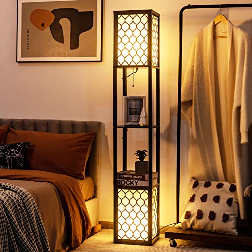 Tangkula Modern Shelf Floor Lamp, Freestanding Double Lamp w/ 2-Tier Wood Shelf & White Lampshade, E26 Bulb Base, Pull Chain & Foot Switch, Display Floor Light for Living Room Bedroom Office